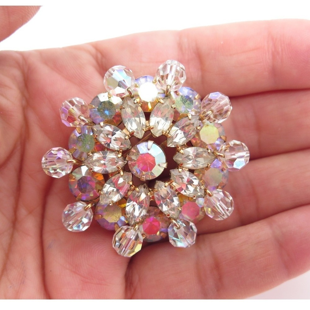 Vintage High End Large Ab Rhinestones‎ & Crystal Starburst Vintage Pin Brooch